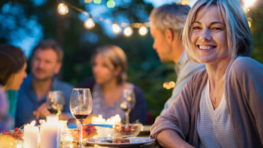 woman at outdoor dinner party with friends