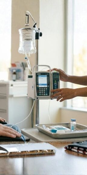 IV infusion pump with fluid bag and medical supplies in a clinic setting during patient infusion therapy treatment