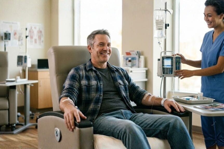 Patient receiving IV infusion therapy in a comfortable clinic chair while a nurse monitors the infusion pump during treatment