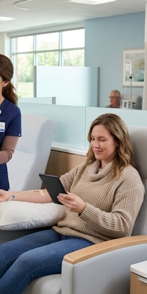 Patient receiving IV infusion therapy in a modern clinic while nurses monitor the infusion pump and provide supportive treatment care