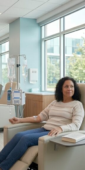 Patient receiving IV infusion therapy in a bright clinic treatment room with infusion pumps, reclining chairs, and nurses providing care