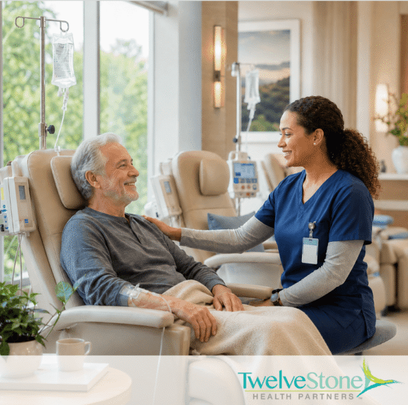 chronic condition patient discussing managing care with nurse