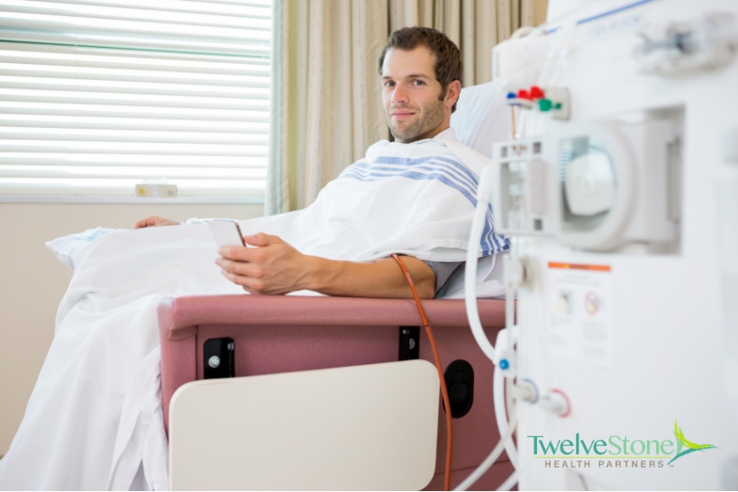 Patient receiving Rystiggo infusion treatment for generalized myasthenia gravis in an outpatient clinic.
